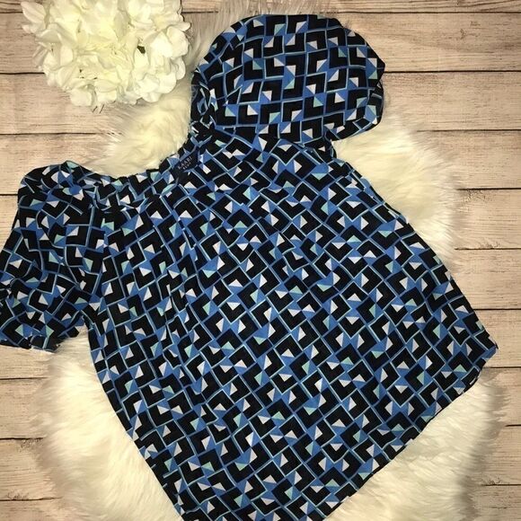 Kaari Blue Short Sleeve Geometric Blouse - Picture 1 of 6